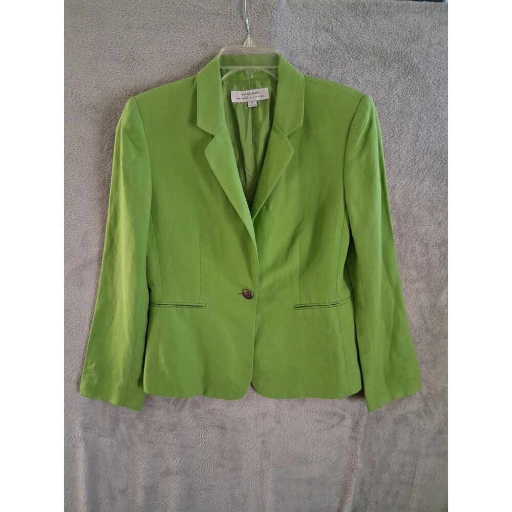 Tahari Chartreuse Lime Green Blazer Sz 12 Linen Rayon 1 Button Preppy Old Money